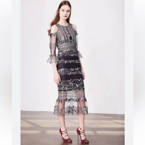 Marchesa Notte Cold-shoulder embroidered lace and tulle midi dress 12 NEW - Picture 3 of 12